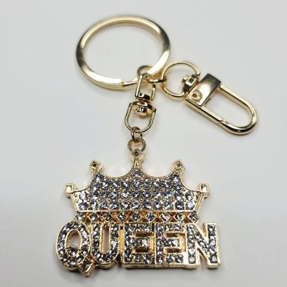 Bling Queen Crown Gold Metal Keychain Purse Charm Sparkling Rhinestones
